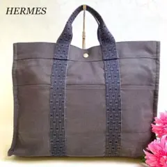 良品✨エルメス フールトゥ ハンドバッグ エールライン MM キャンバス グレー