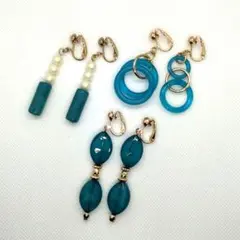 アクアブルー　ゴールド　イヤリング3点セット
