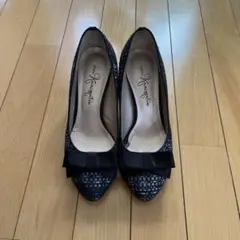 銀座かねまつリボン付きパンプス ブラック/ホワイト