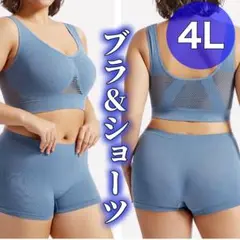 ノンワイヤー ブラジャー ボクサーパンツ 4L ブルー　青　XXXL
