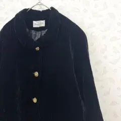 コート アウター ブラック 丸襟 金ボタン シルク混 ベルベット レトロ 90s