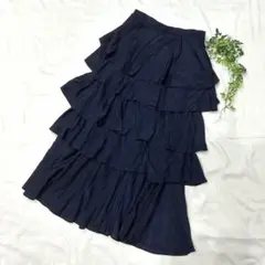 【一点限り♪】ロングスカート　ネイビー　紺　ティアード　フリル　パーティー　M