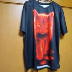 猫のグラフィックTシャツ 黒/赤　Lサイズ