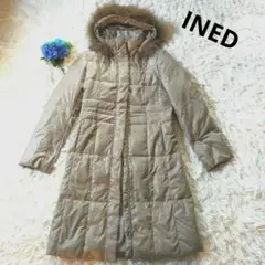 【美品】INEDイネド リアルファーフード付 ロング丈ダウンコート グレージュ