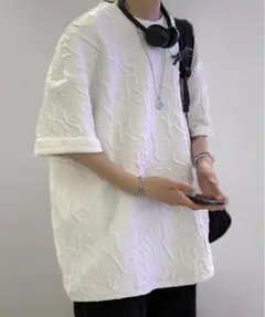 メンズ エンボス加工 Tシャツ ホワイト 2XL ゆったり 半袖 大きいサイズ