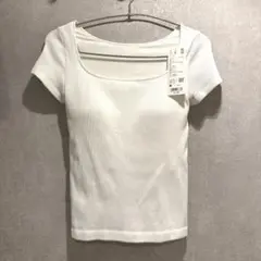 ホワイト リブスクエアネック Tシャツ M ユニクロ