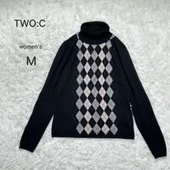 【TWO:C】アーガイル柄 タートルネックニット M ウール混 きれいめ