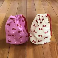 B75・ハンドメイドコップ袋・巾着袋★ドットリボン・クリーム＆ピンク