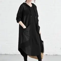 ワンピース パーカールーズフィットポケット着やせひざ丈薄手バルーンブラックXL