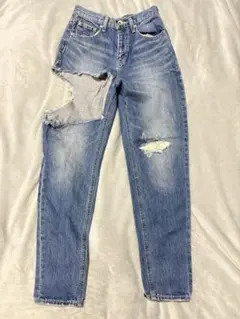 【GYDA】SIDE RIPPEDペグトップデニムパンツ　アイスブルー　S