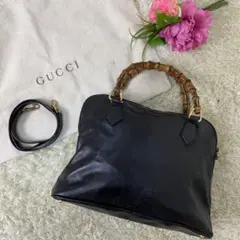 美品 希少サイズ グッチ ショルダー 2way 黒 レザー バンブー