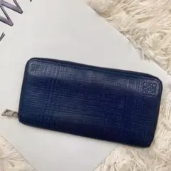LOEWE ロエベ 長財布 ラウンドファスナー アナグラム リネン ネイビー 紺