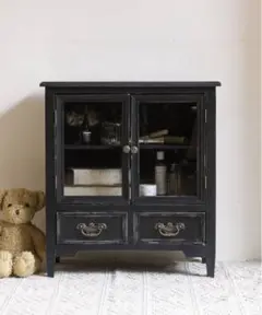 【ブロカントなガラスキャビネット】 ブラック 棚 アンティーク シャビー 古道具
