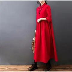 ワンピース シャツワンピ 赤 マキシ丈 M ロングワンピース