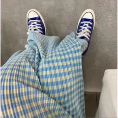 チェックパンツ　プリーツパンツ　カットオフ　アコーディオン