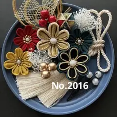 【No.2016 青緑　濃赤】つまみ細工　髪飾り　成人式卒業式七五三結婚式浴衣