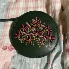 Yvette 花刺繍 小銭入れ 緑色