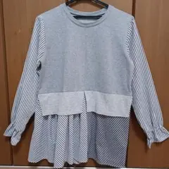 美品　秋服　薄手のグレーとストライプの長袖カットソー