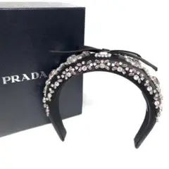 【美品】PRADA プラダ カチューシャ ビジュー付き リボン サテン ブラック