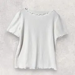 GU ジーユー フリルメロー リブ Tシャツ オフホワイト S 上品 3243