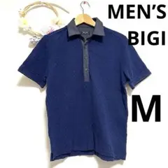 MEN’S BIGI ポロシャツ M 紺×グレー 異素材切替