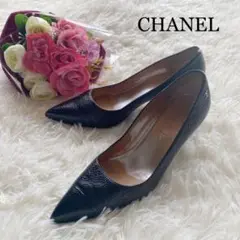 CHANEL レザー ポインテッドトゥ ココマーク パンプス 38 ブラック