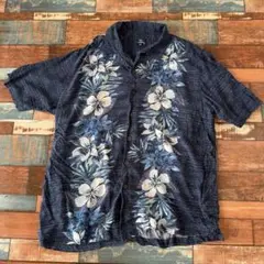 即日発送！00%レーヨン 花柄ボタニカル 濃い青ブルー テロテロ メンズ 古着