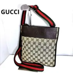 美品 GUCCI グッチ ショルダーバッグ GGキャンバス レザー ブラウン