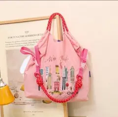 ストラップ付き　Chacott ニューヨーク刺繍エコバッグ　Mサイズ　ピンク