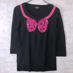 SONIA 古着 スパンコール刺繍リボン 騙し絵ジャガード 七分袖ニットトップス