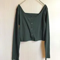 美品【SUREVE】ダークグリーン長袖シャツ　ショート丈リブ素材カーディガン　L