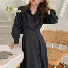 レディース ロングワンピース 折り衿 1つボタン 着痩せ ロング丈 レトロ 韓国