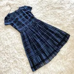 リフレクト【S】チェック柄✨ノーカラー ワンピース/フレア シフォン