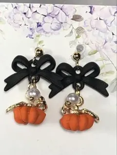 509 ハロウィン　かぼちゃ　リボン　ピアス(※イヤリング変更可)