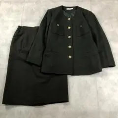 昭和レトロセット売りノーカラージャケットスカート希少ボタンアースカラー緑古着