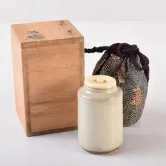 茶道具　高取焼　清水茂生造　文琳茶入　仕覆付　共箱　V　7006 高取焼 小文琳茶入 堀野証嗣（造）共箱 象牙蓋 仕覆（荒磯緞子