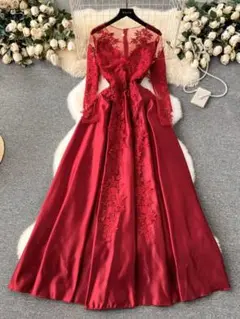 ドレス　レディース　結婚式　レッド　パーティー　レース　ロングワンピース