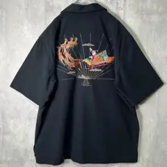 希少 Tori Richard サンタ トナカイ 刺繍 オープンカラーシャツ 黒