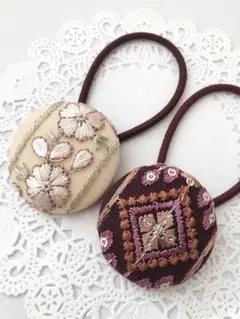 インド刺繍 くるみボタン38㎜ ヘアゴム 2個セット Q