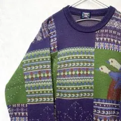 デザインニット　総柄　ヴィンテージ　レトロ　鳥柄　雁　リーフ柄　アート　パープル