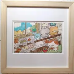 手作り額付き　水彩原画　title「パン屋さんにやってきた」