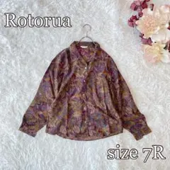 ⚫︎Rotorua 大花柄オープンカラーシャツ（7R）レトロ　総柄ポリ/ウール混