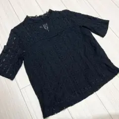 【美品】半袖　レース　トップス 黒　ブラック　総レース　ハイネック