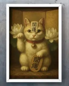 福を呼ぶ幸運の招き猫　額縁付き　開運のグラフィックアート