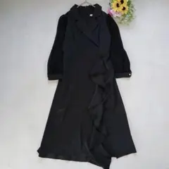 【グレースエフ】黒　フリルロングワンピース　長袖　シアー　異素材