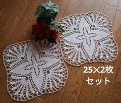 ハンドメイド レース編みミニドイリー 25✕2枚セット　正方形 コースター