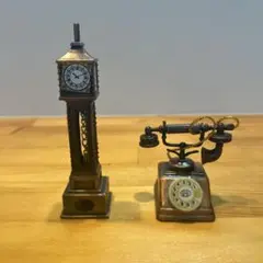 【金属製】黒電話と時計鐘　模型ミニチュア　ヴィンテージ風