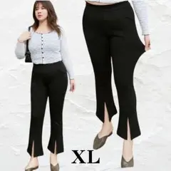 美脚 スリットパンツ 黒 大きいサイズ XL 着痩せ ストレッチ 体型カバー
