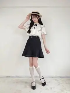 フィント　ダブル釦デニムフレアーミニスカート　ブラック