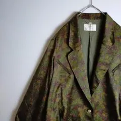 【個性派】ジャケット シャカ生地 花柄 金ボタン カーキ ゆるだぼ 古着